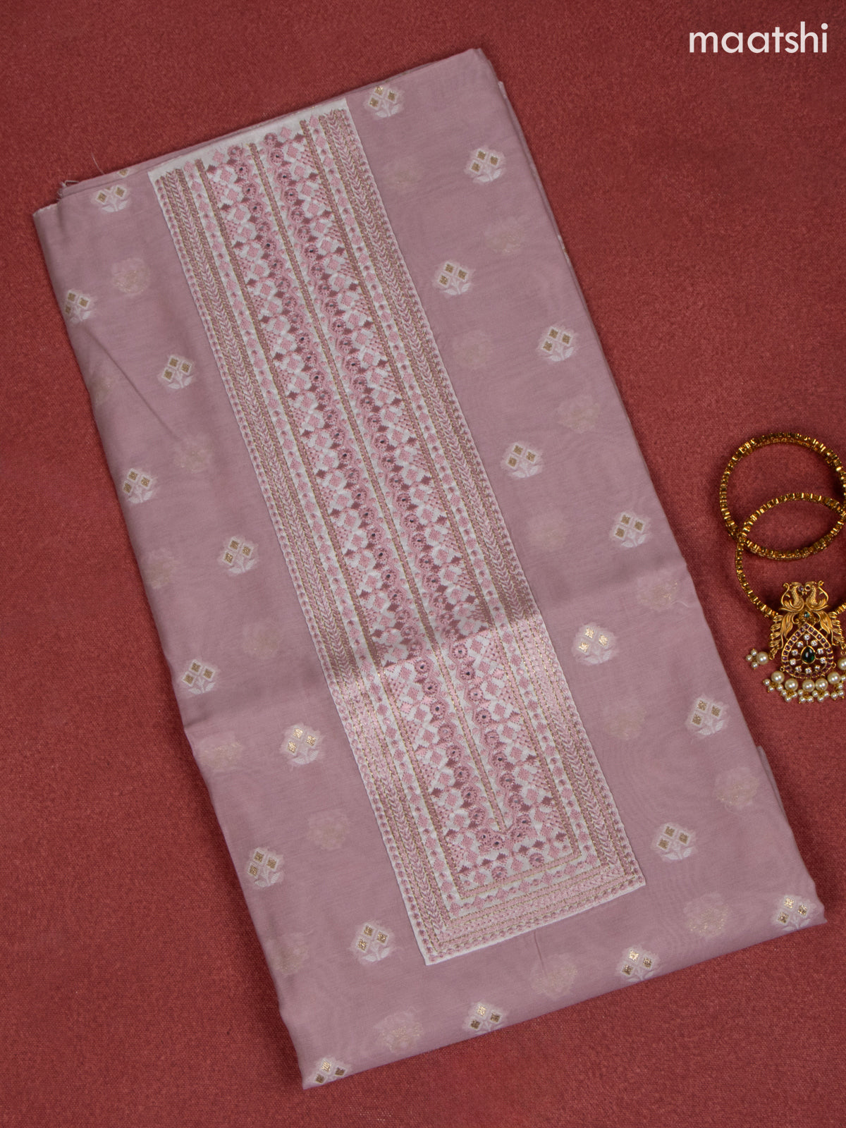 Chanderi dress material mauve pink and white with allover buttas & embroidery mirror work neck pattern and bottom & dupatta