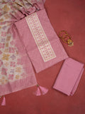 Chanderi dress material peach pink with allover prints & embroidery mirror work neck pattern and bottom & dupatta