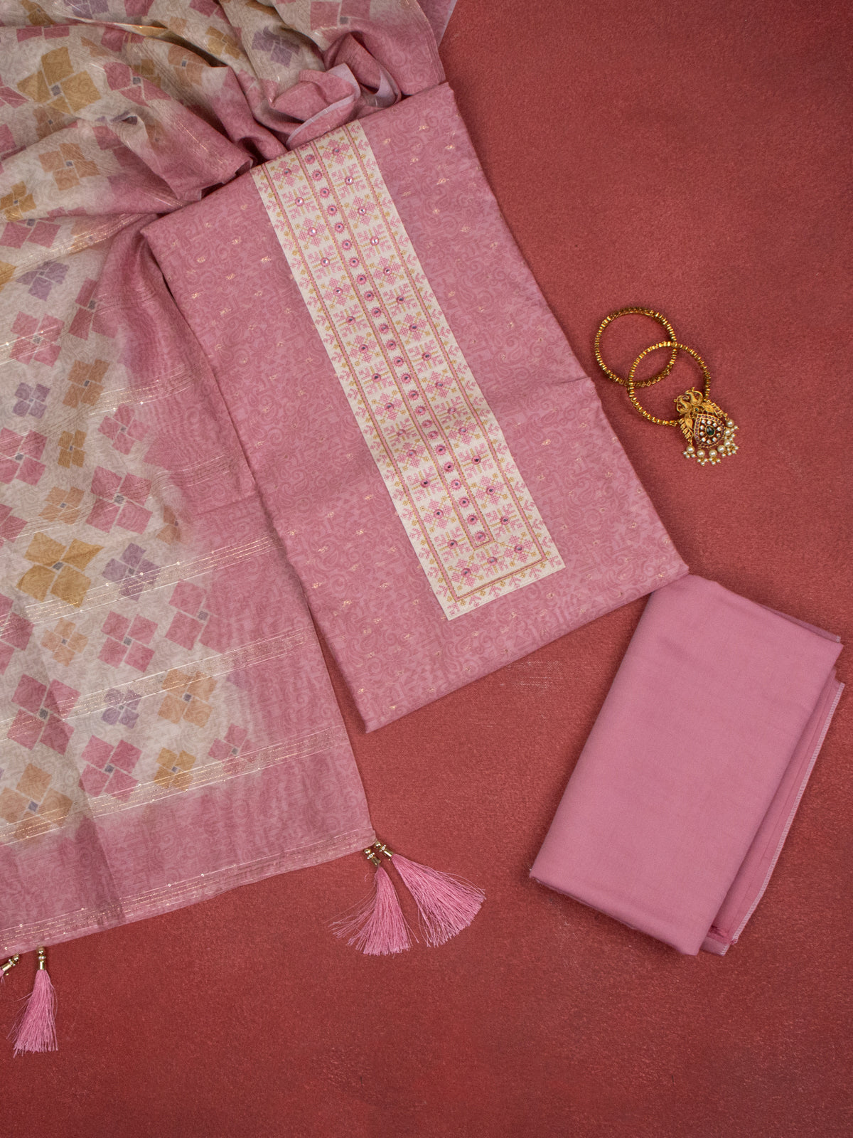 Chanderi dress material peach pink with allover prints & embroidery mirror work neck pattern and bottom & dupatta