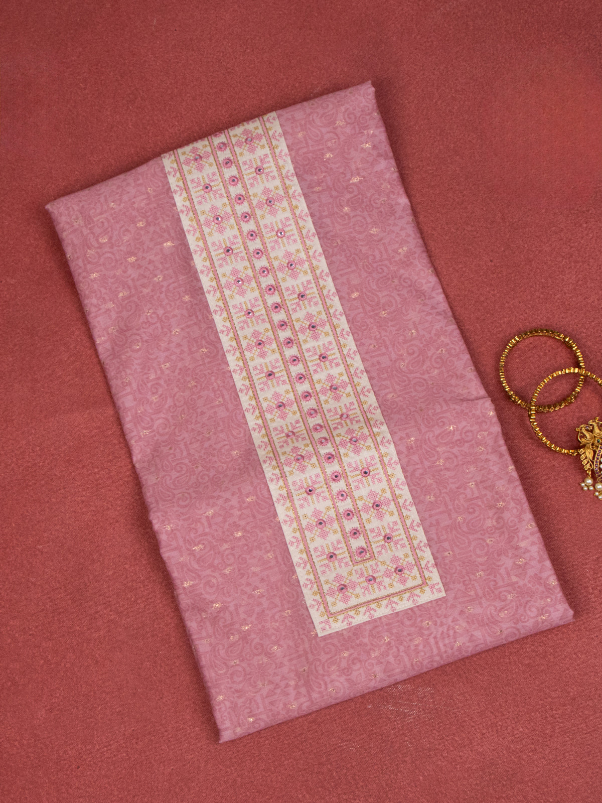 Chanderi dress material peach pink with allover prints & embroidery mirror work neck pattern and bottom & dupatta