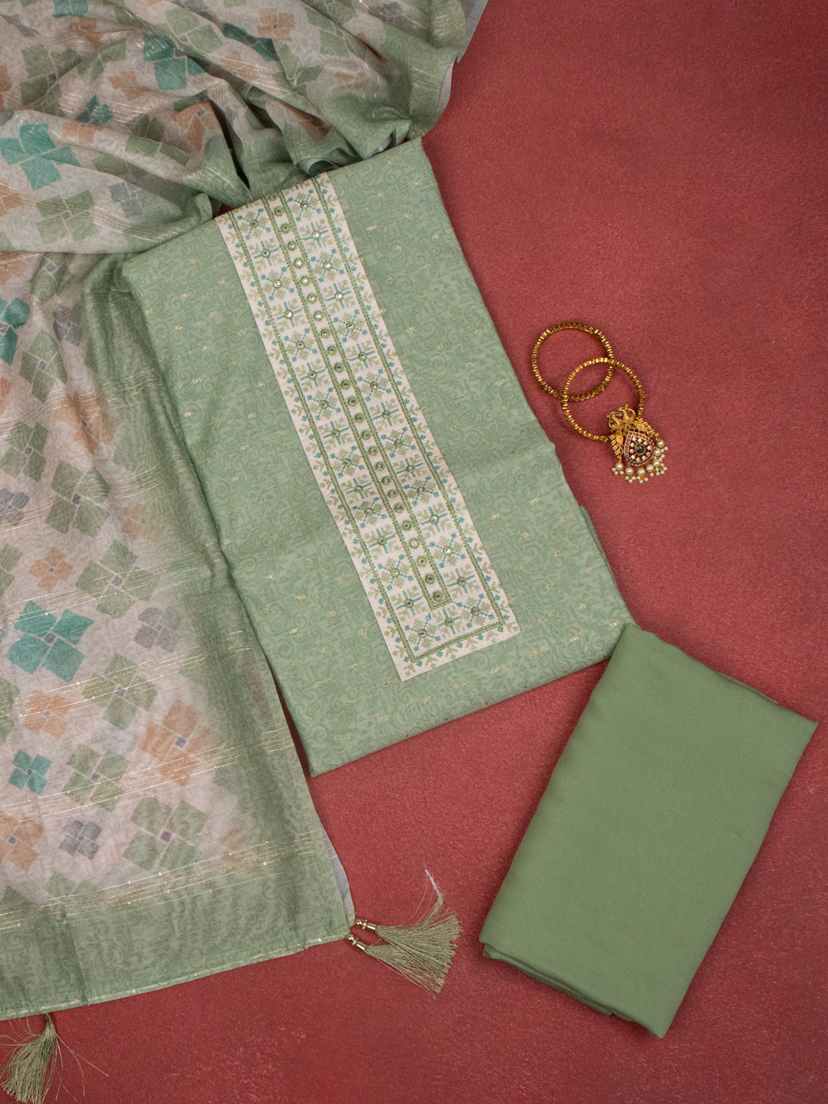 Chanderi dress material elaichi green with allover prints & embroidery mirror work neck pattern and bottom & dupatta