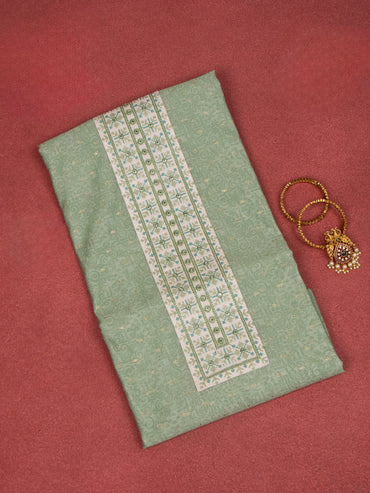 Chanderi dress material elaichi green with allover prints & embroidery mirror work neck pattern and bottom & dupatta