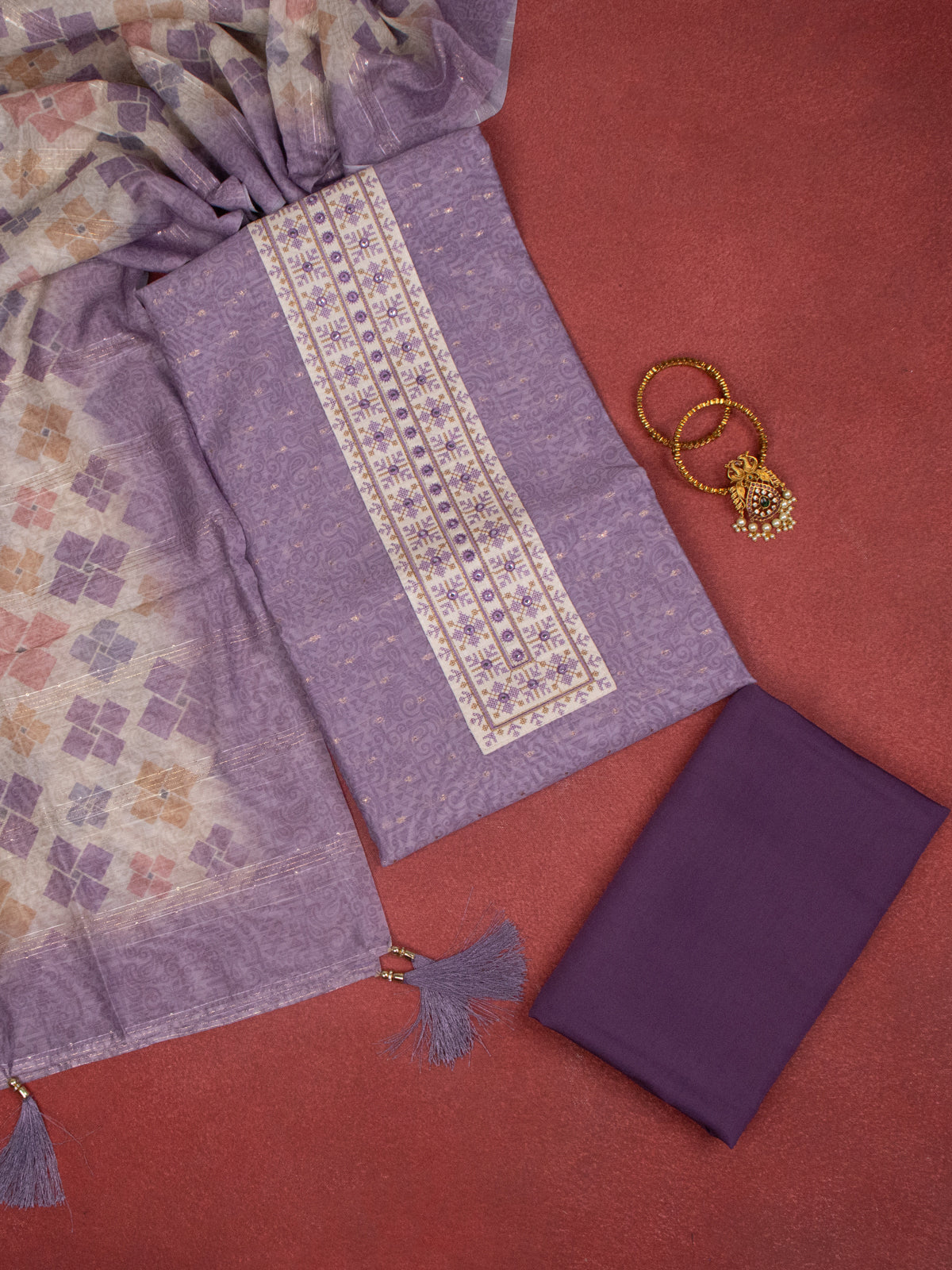 Chanderi dress material purple with allover prints & embroidery mirror work neck pattern and bottom & dupatta