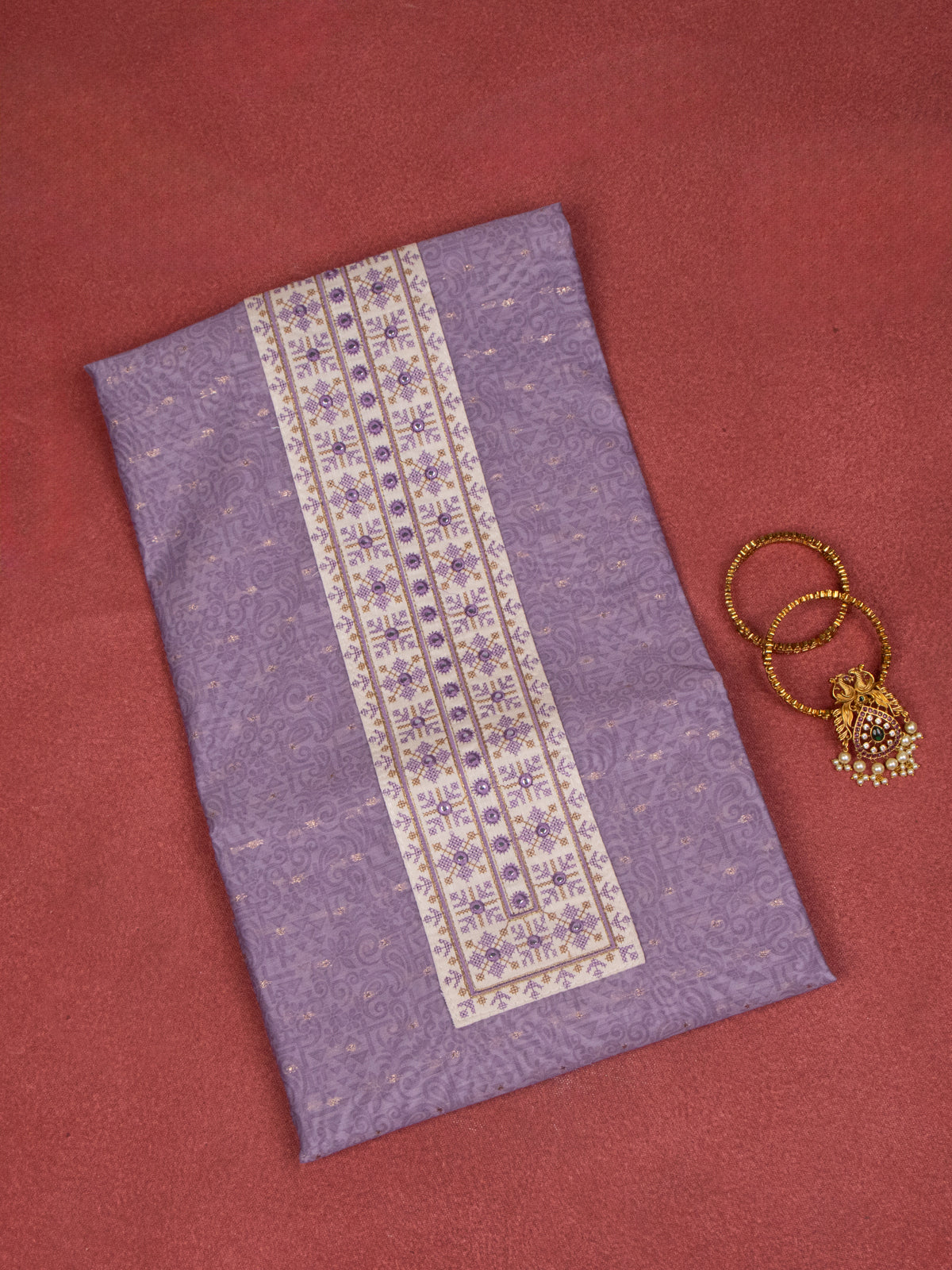 Chanderi dress material purple with allover prints & embroidery mirror work neck pattern and bottom & dupatta
