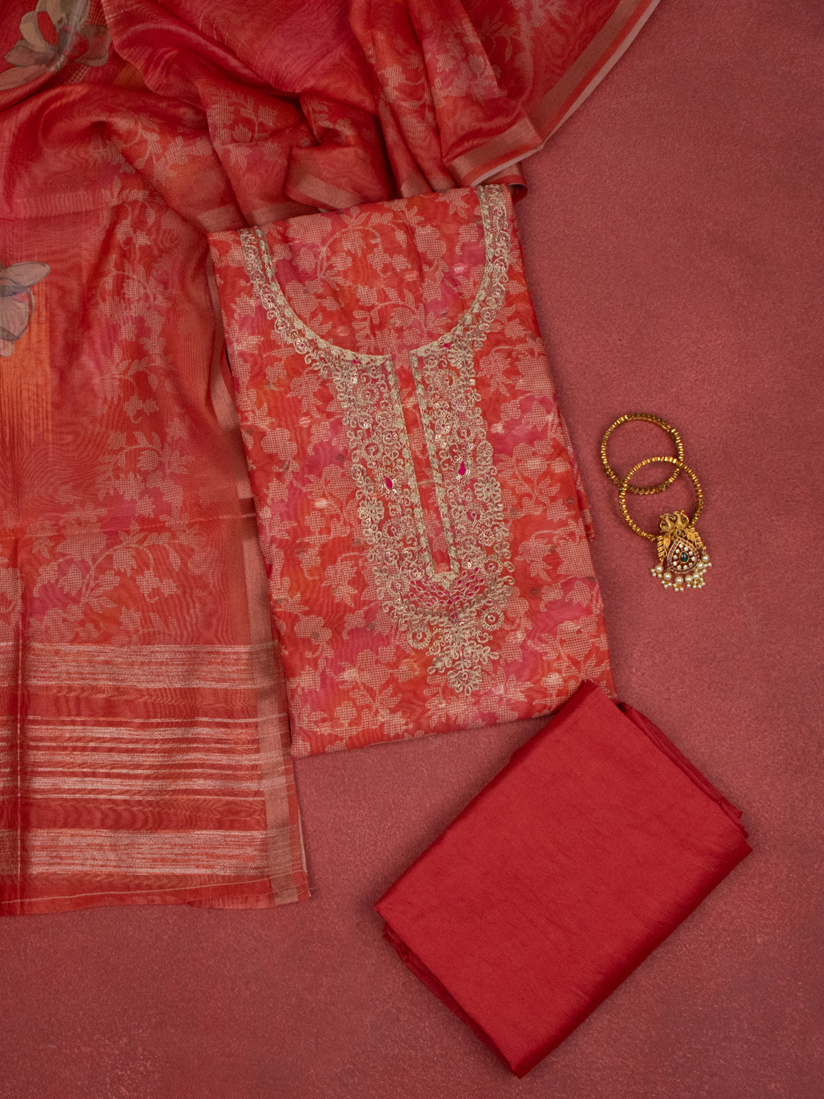 Chanderi dress material orange with allover prints & embroidery sequin work neck pattern and bottom & dupatta