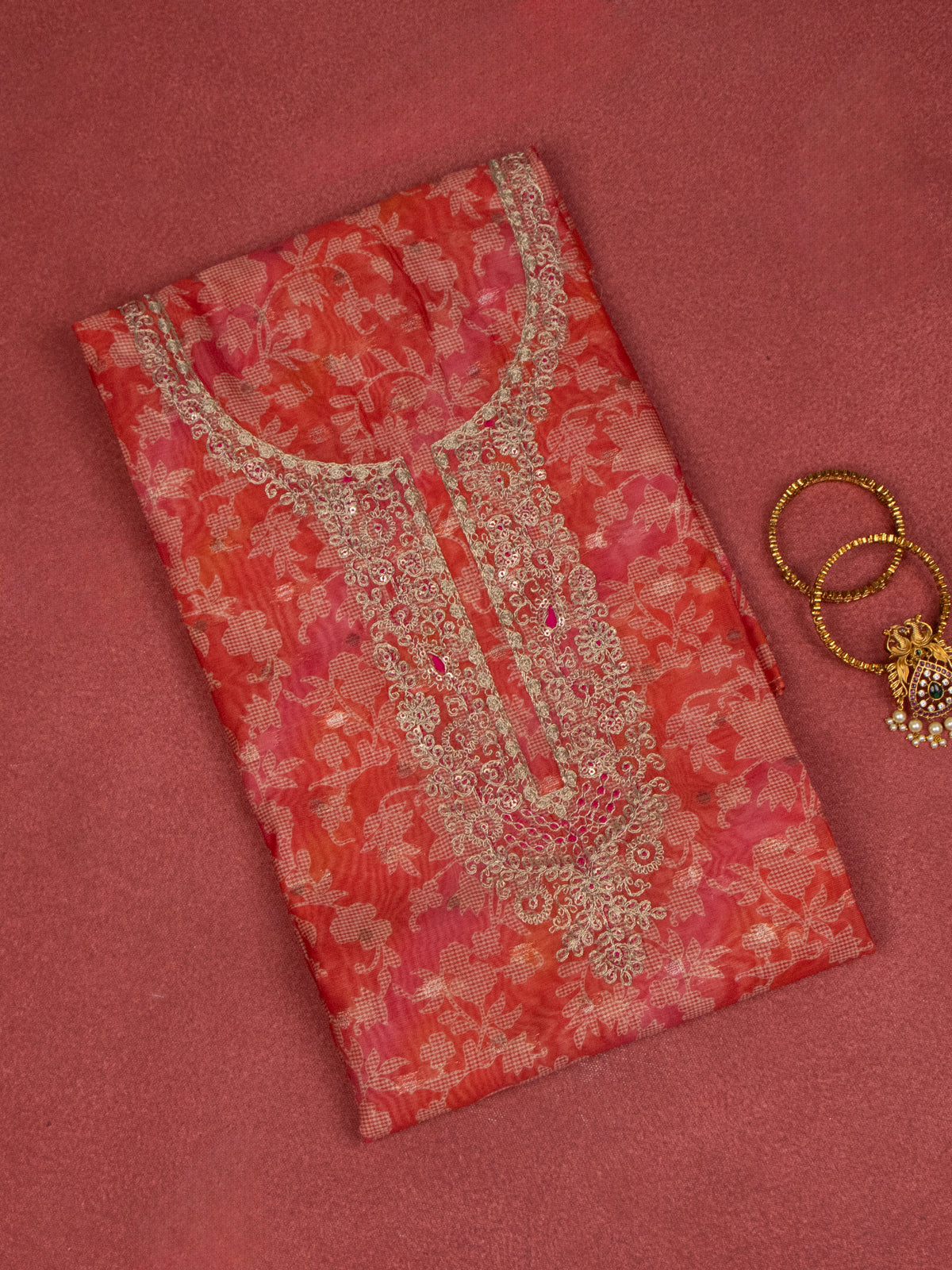 Chanderi dress material orange with allover prints & embroidery sequin work neck pattern and bottom & dupatta