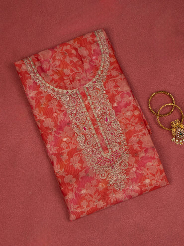 Chanderi dress material orange with allover prints & embroidery sequin work neck pattern and bottom & dupatta