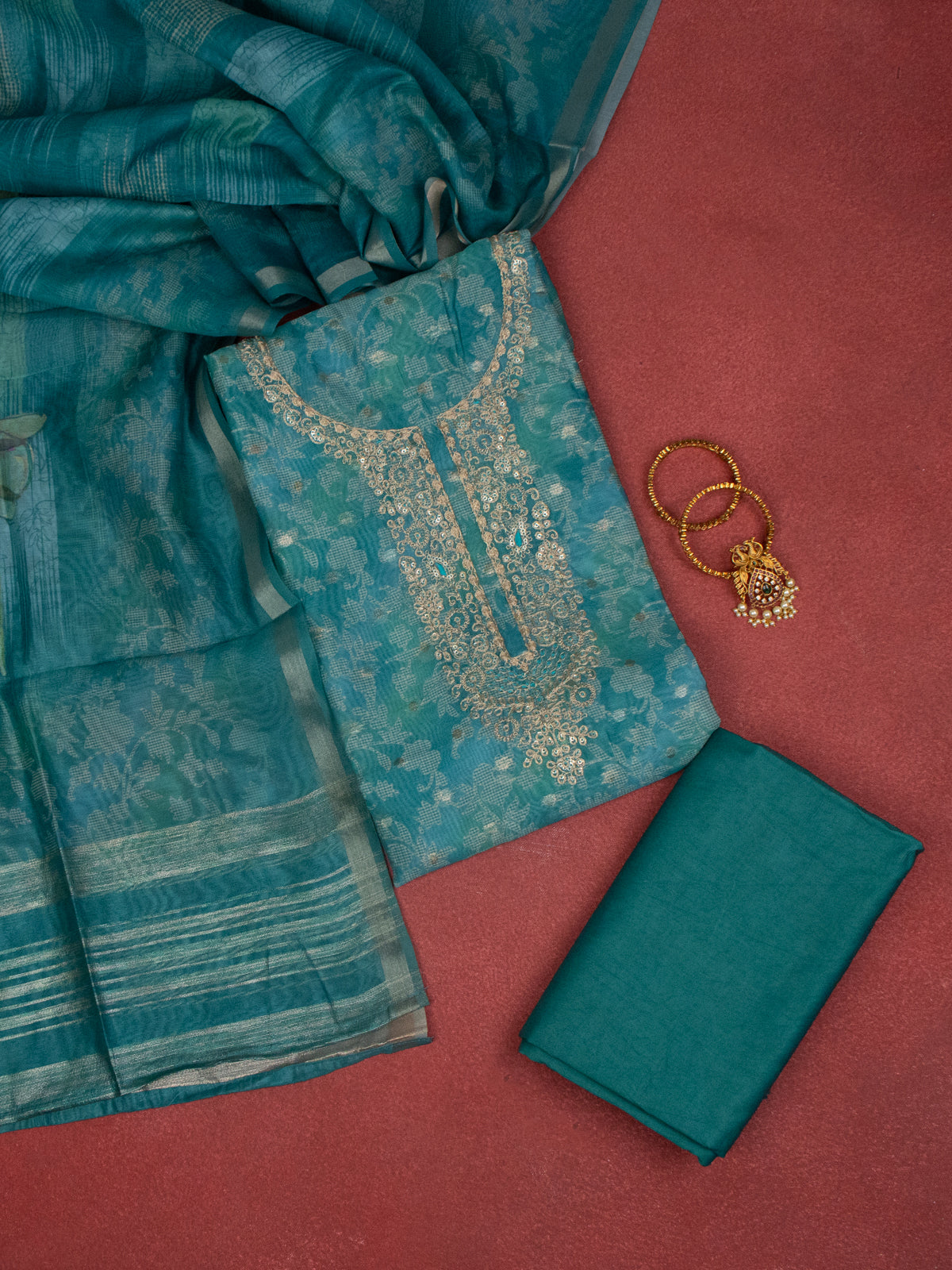 Chanderi dress material peacock green with allover prints & embroidery sequin work neck pattern and bottom & dupatta