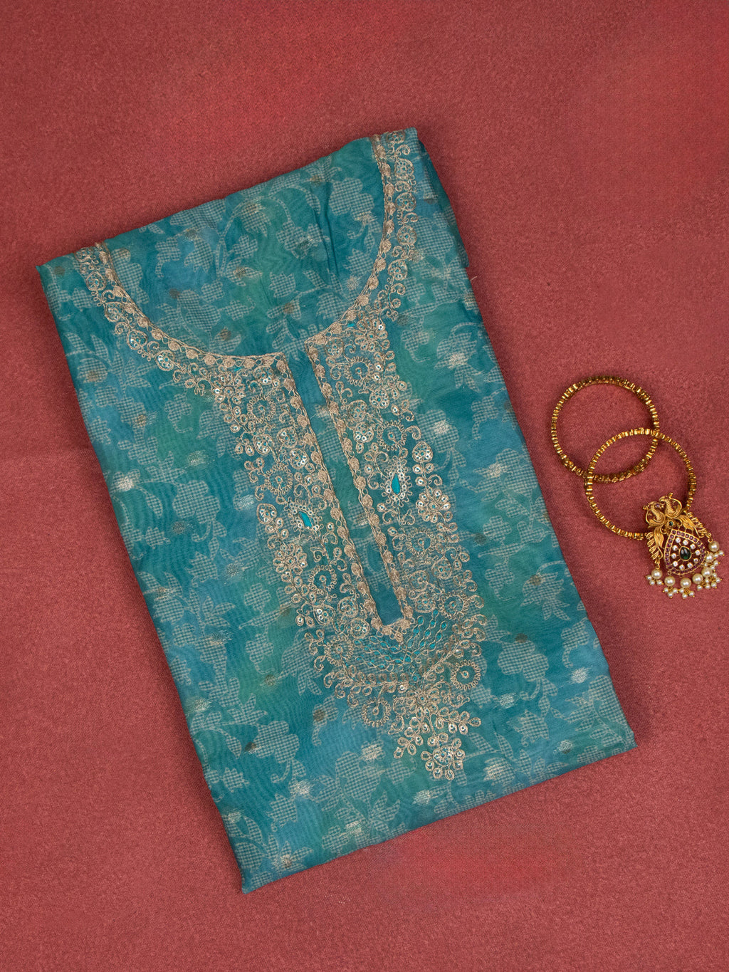 Chanderi dress material peacock green with allover prints & embroidery sequin work neck pattern and bottom & dupatta