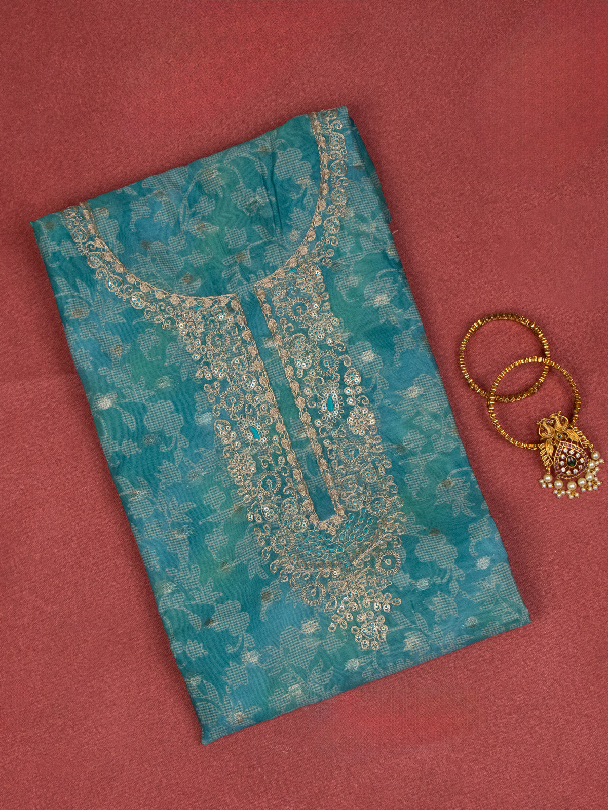 Chanderi dress material peacock green with allover prints & embroidery sequin work neck pattern and bottom & dupatta