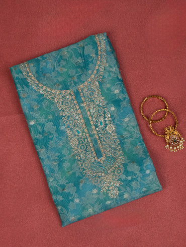 Chanderi dress material peacock green with allover prints & embroidery sequin work neck pattern and bottom & dupatta