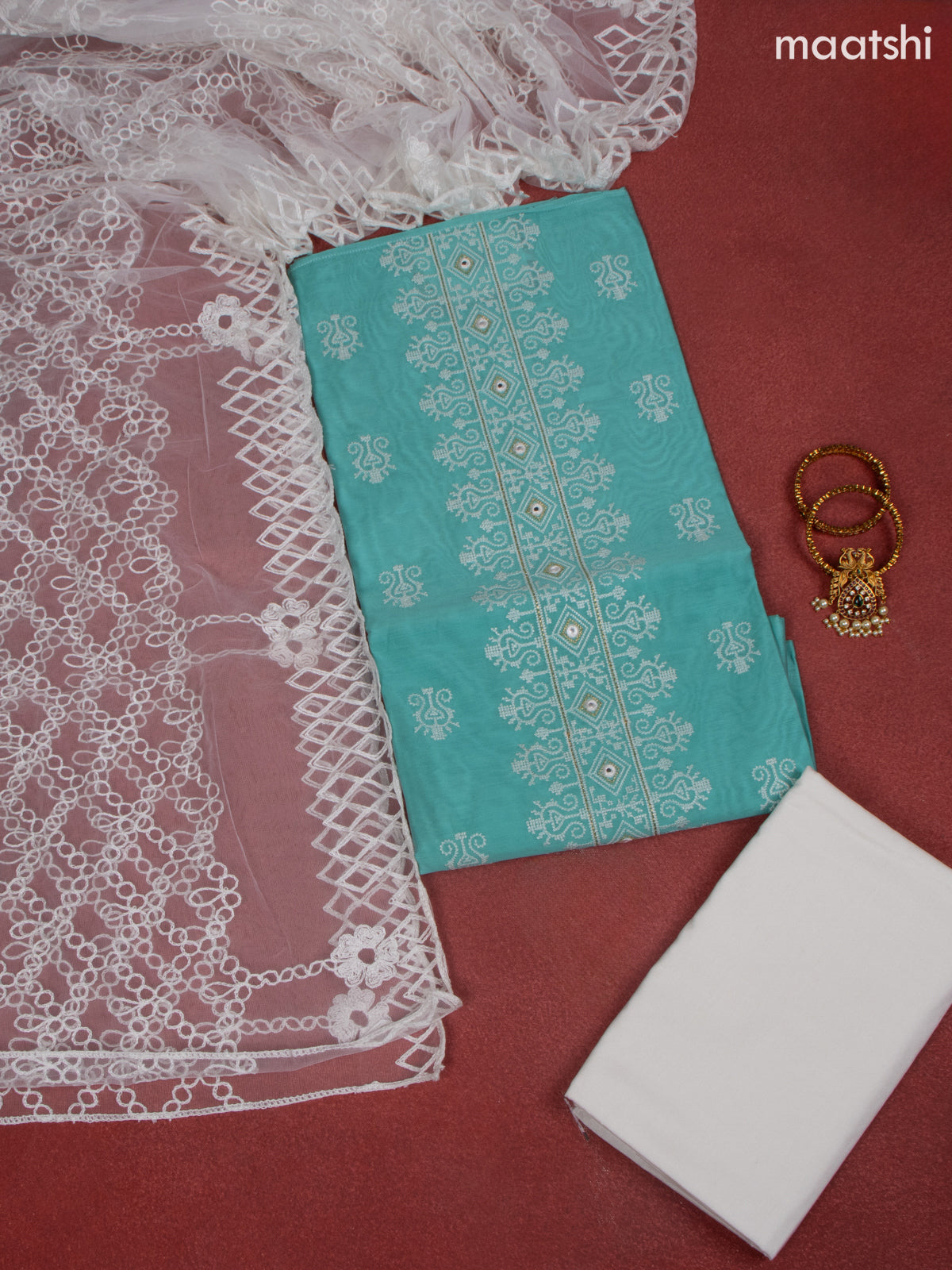 Chanderi dress material teal green and white with allover buttas & embroidery mirror work neck pattern and bottom & dupatta