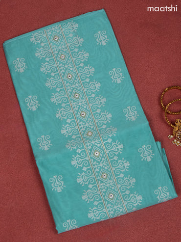 Chanderi dress material teal green and white with allover buttas & embroidery mirror work neck pattern and bottom & dupatta