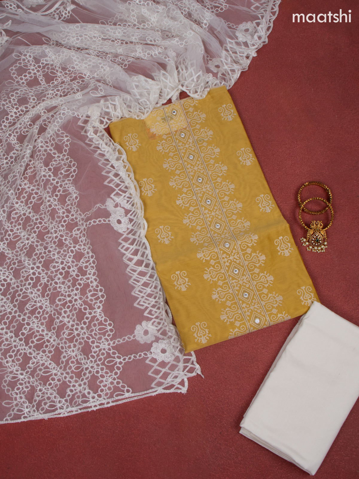 Chanderi dress material yellow and white with allover buttas & embroidery mirror work neck pattern and bottom & dupatta