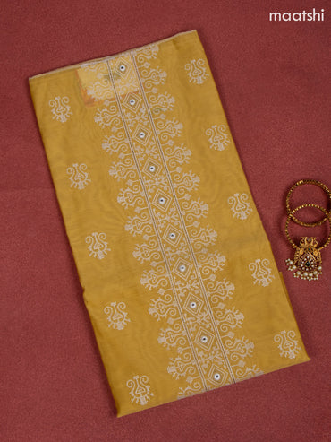 Chanderi dress material yellow and white with allover buttas & embroidery mirror work neck pattern and bottom & dupatta