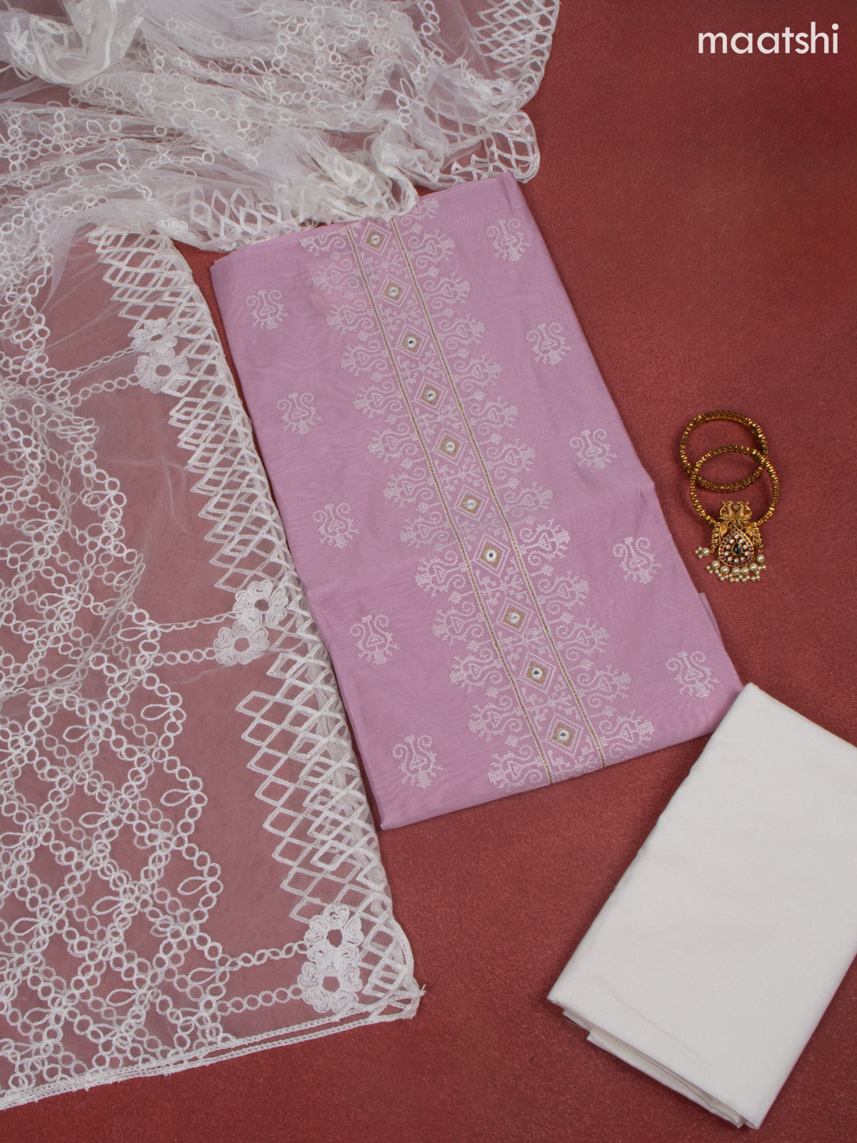 Chanderi dress material baby pink and white with allover buttas & embroidery mirror work neck pattern and bottom & dupatta