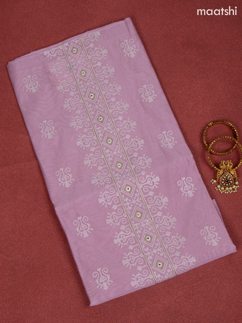 Chanderi dress material baby pink and white with allover buttas & embroidery mirror work neck pattern and bottom & dupatta