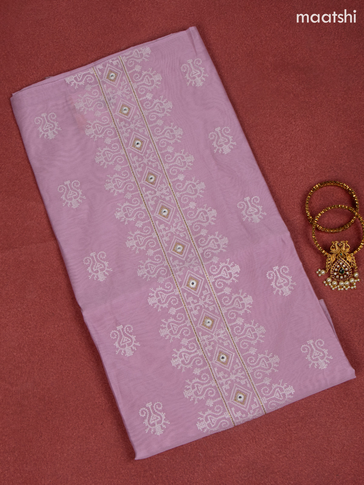 Chanderi dress material baby pink and white with allover buttas & embroidery mirror work neck pattern and bottom & dupatta