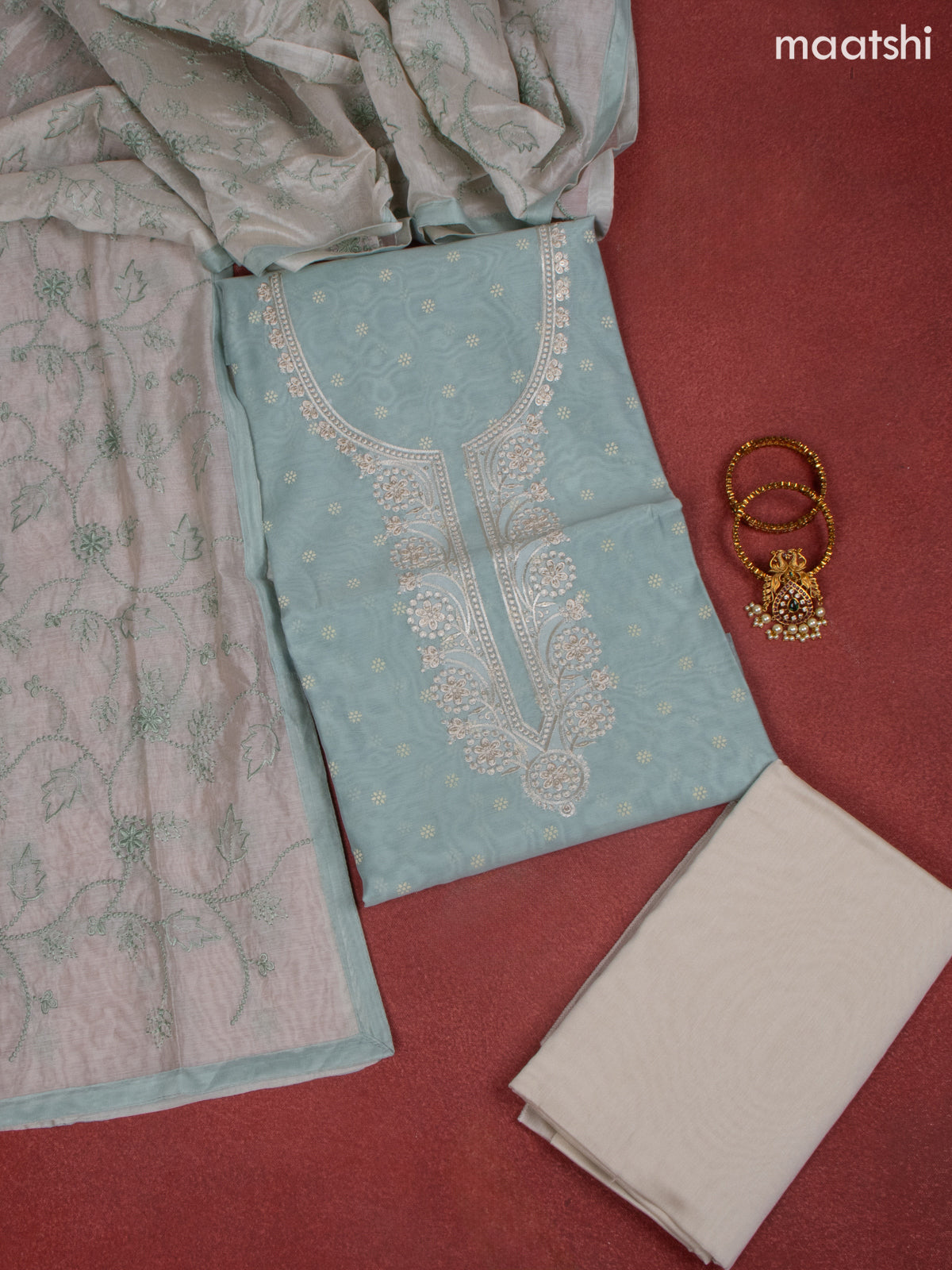 Chanderi dress material pastel blue and off white with allover buttas & sequin work neck pattern and bottom & embroidery dupatta