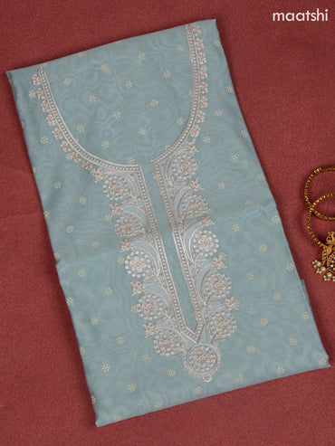 Chanderi dress material pastel blue and off white with allover buttas & sequin work neck pattern and bottom & embroidery dupatta