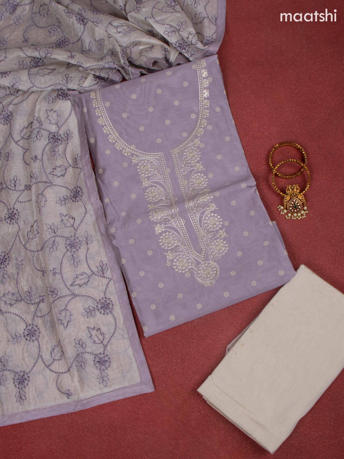 Chanderi dress material lavender and off white with allover buttas & sequin work neck pattern and bottom & embroidery dupatta