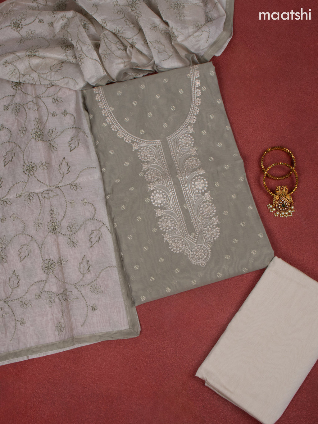 Chanderi dress material grey and off white with allover buttas & sequin work neck pattern and bottom & embroidery dupatta