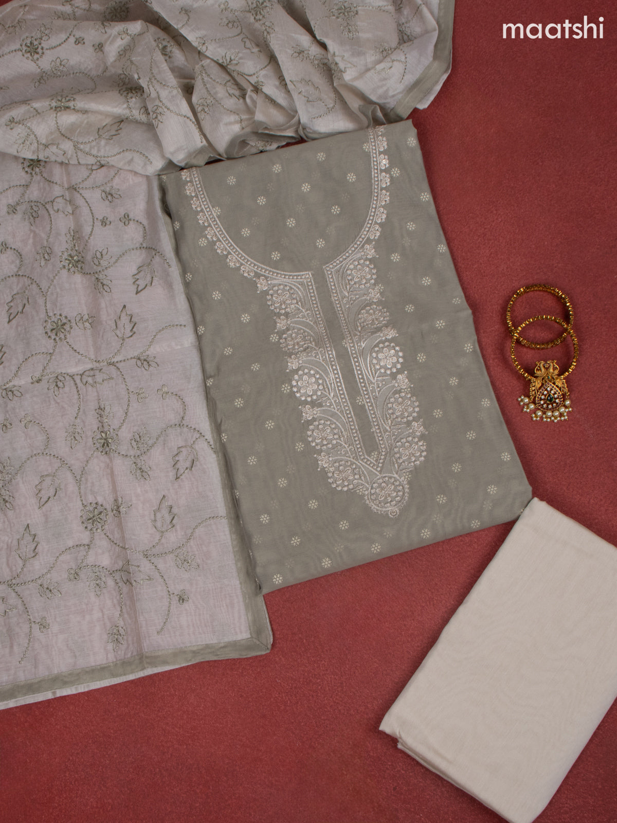 Chanderi dress material grey and off white with allover buttas & sequin work neck pattern and bottom & embroidery dupatta