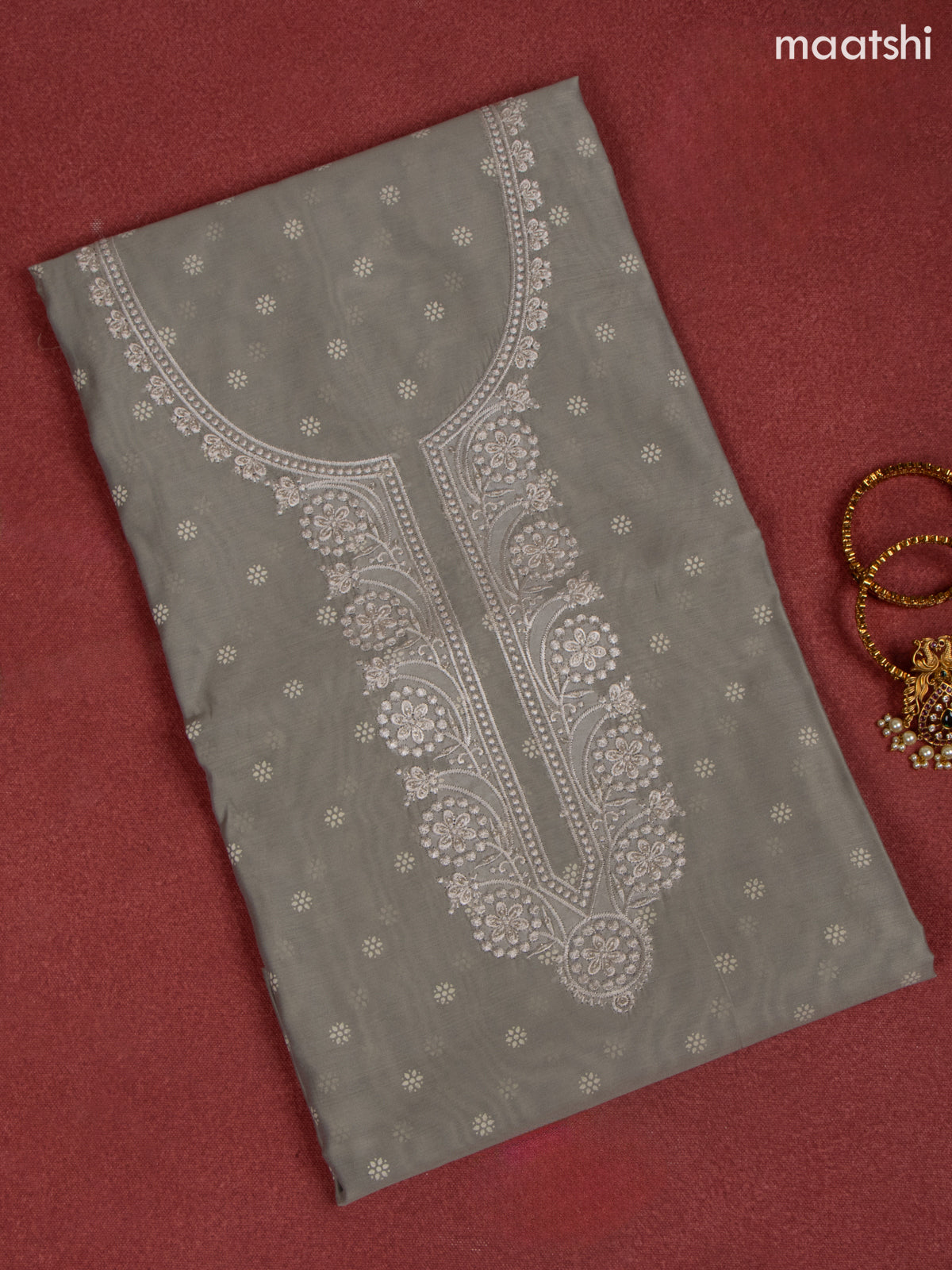 Chanderi dress material grey and off white with allover buttas & sequin work neck pattern and bottom & embroidery dupatta