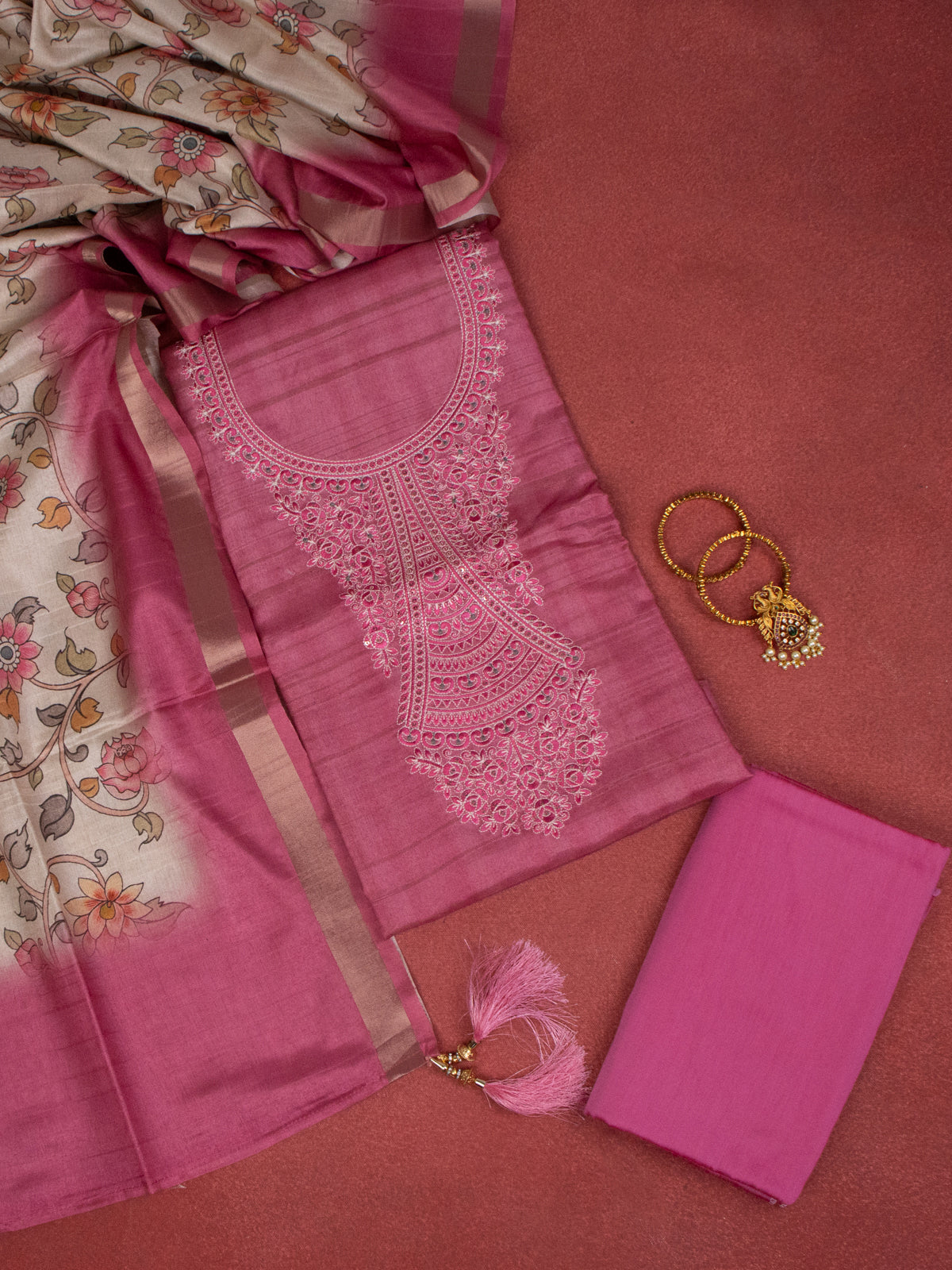 Chanderi dress material peach pink and beige with embroidery sequin work neck pattern and bottom & dupatta