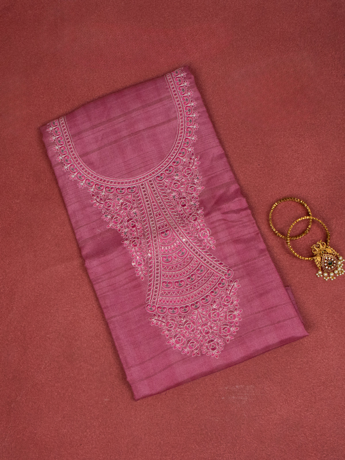 Chanderi dress material peach pink and beige with embroidery sequin work neck pattern and bottom & dupatta