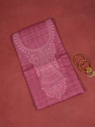 Chanderi dress material peach pink and beige with embroidery sequin work neck pattern and bottom & dupatta