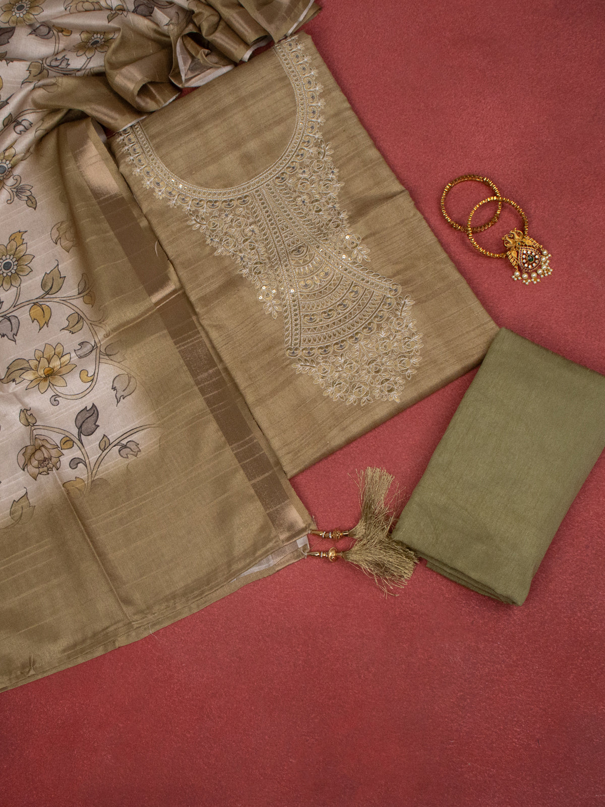 Chanderi dress material elaichi green and beige with embroidery sequin work neck pattern and bottom & dupatta