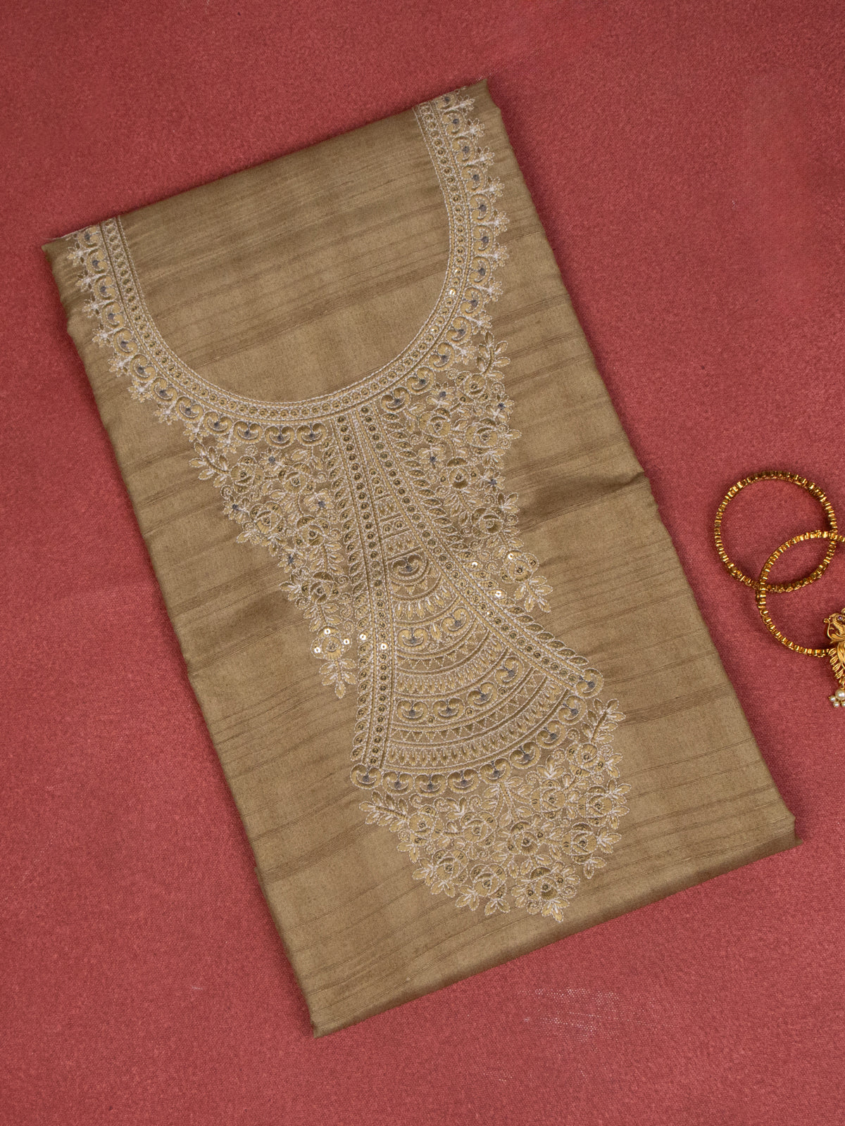 Chanderi dress material elaichi green and beige with embroidery sequin work neck pattern and bottom & dupatta
