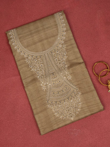 Chanderi dress material elaichi green and beige with embroidery sequin work neck pattern and bottom & dupatta