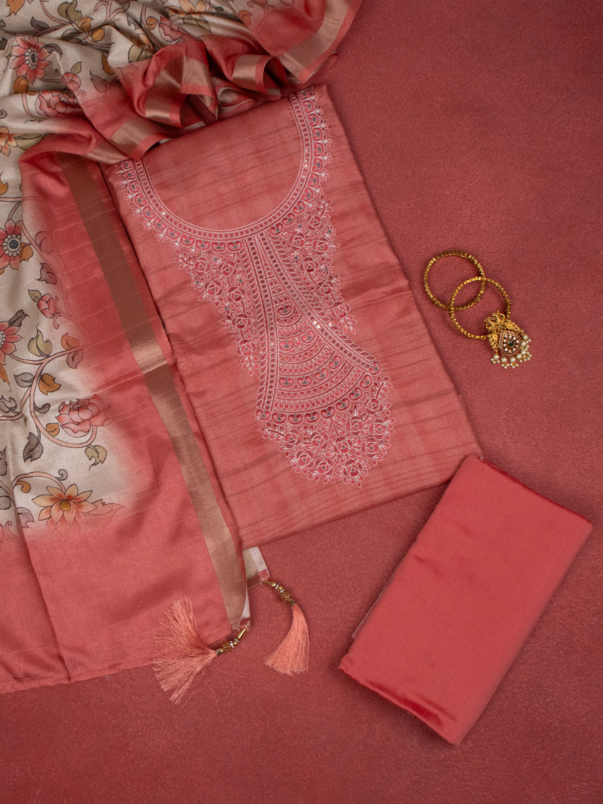Chanderi dress material peach shade and beige with embroidery sequin work neck pattern and bottom & dupatta
