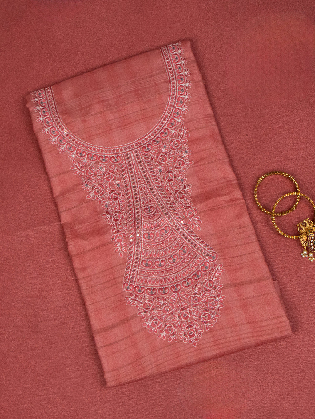 Chanderi dress material peach shade and beige with embroidery sequin work neck pattern and bottom & dupatta
