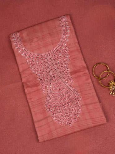 Chanderi dress material peach shade and beige with embroidery sequin work neck pattern and bottom & dupatta