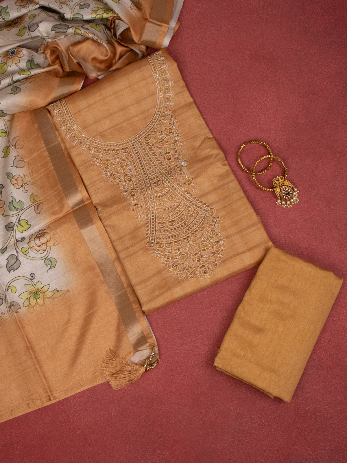Chanderi dress material mustard shade and beige with embroidery sequin work neck pattern and bottom & dupatta