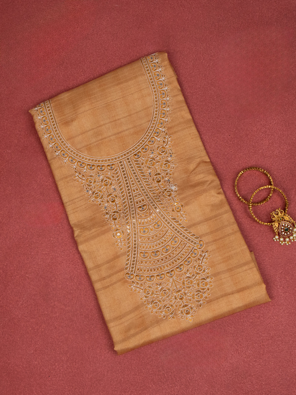 Chanderi dress material mustard shade and beige with embroidery sequin work neck pattern and bottom & dupatta