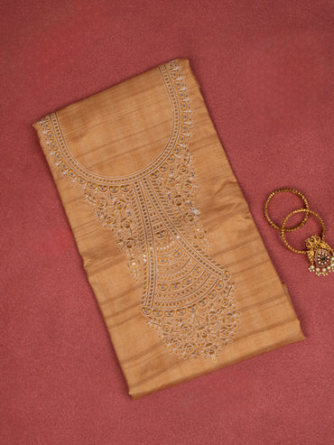 Chanderi dress material mustard shade and beige with embroidery sequin work neck pattern and bottom & dupatta