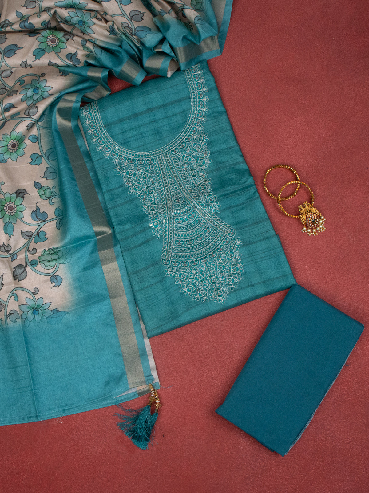 Chanderi dress material teal blue and beige with embroidery sequin work neck pattern and bottom & dupatta