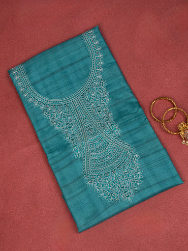 Chanderi dress material teal blue and beige with embroidery sequin work neck pattern and bottom & dupatta