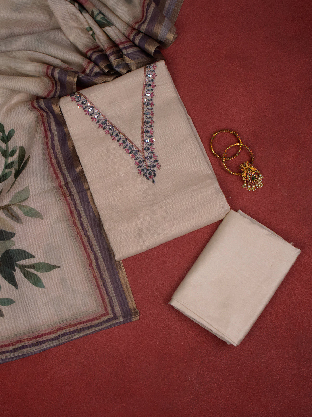 Tissue linen dress material beige with embroidery & beaded mirror work v neck pattern and bottom & dupatta