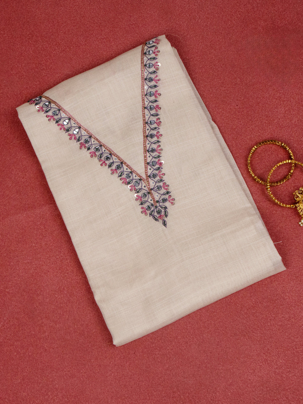 Tissue linen dress material beige with embroidery & beaded mirror work v neck pattern and bottom & dupatta