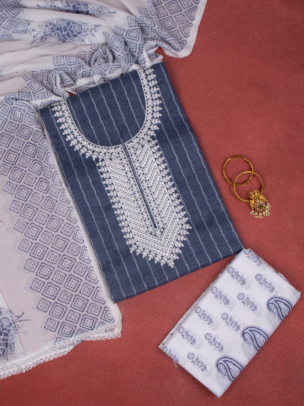 Cotton dress material greyish blue and white with allover thread weaves & embroidery sequin work neck pattern and bottom & chiffon dupatta