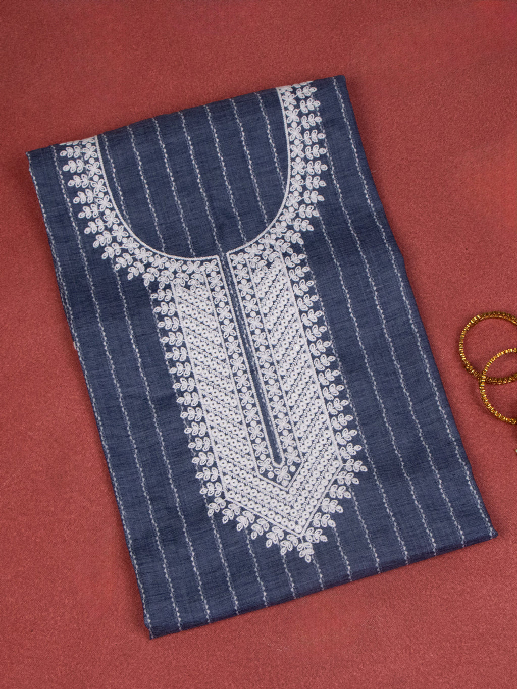 Cotton dress material greyish blue and white with allover thread weaves & embroidery sequin work neck pattern and bottom & chiffon dupatta