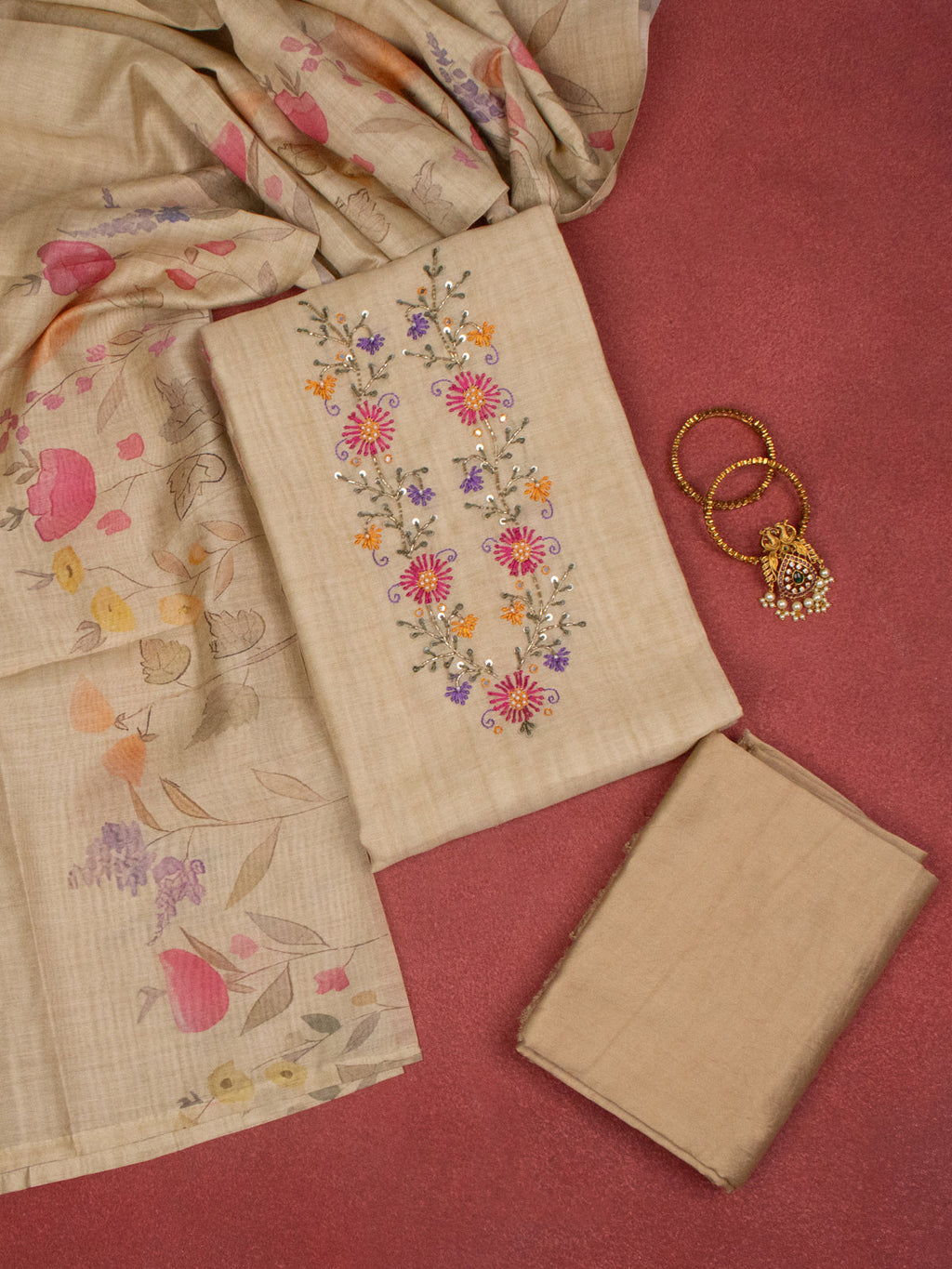 Tissue linen dress material sandal with embroidery & beaded work v neck pattern and bottom & dupatta