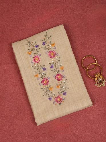 Tissue linen dress material sandal with embroidery & beaded work v neck pattern and bottom & dupatta