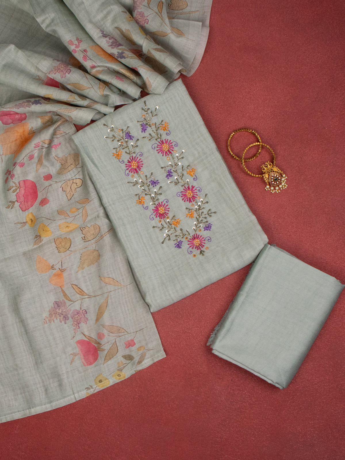 Tissue linen dress material pastel green with embroidery & beaded work v neck pattern and bottom & dupatta