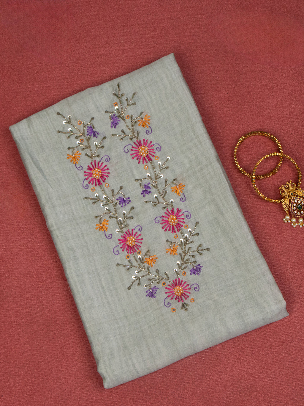 Tissue linen dress material pastel green with embroidery & beaded work v neck pattern and bottom & dupatta